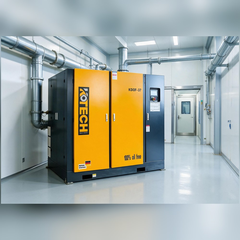 KOTECH KDOF dry oil-free screw compressor in a lithium battery dry-room utility corridor