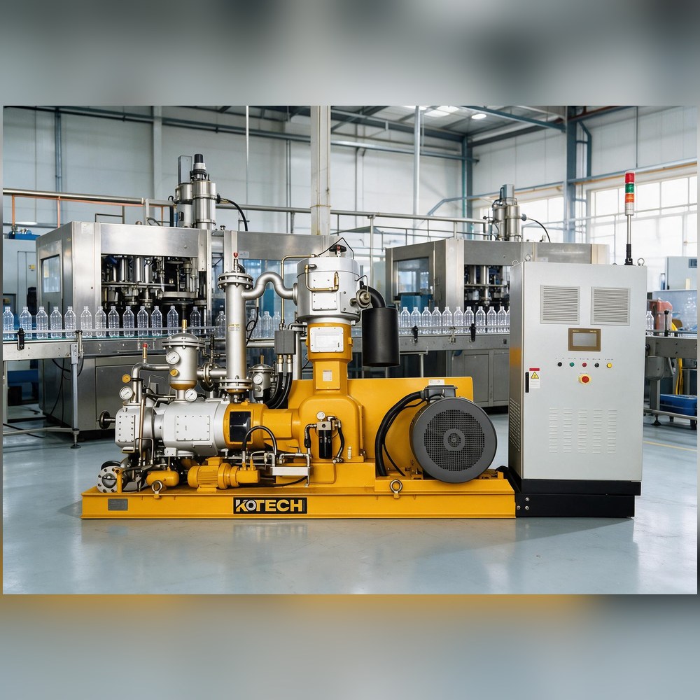KOTECH KHW oil-free high-pressure piston compressor in a PET bottle blowing workshop KOTECH KHW oil-free high-pressure piston compressor in a PET bottle blowing workshop