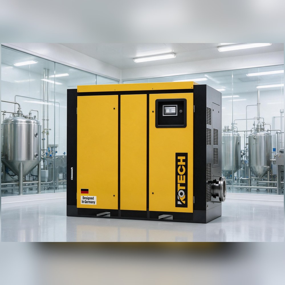 KOTECH KSB oil-free screw blower in a pharmaceutical plant utility area serving fermentation tanks KOTECH KSB oil-free screw blower in a pharmaceutical plant utility area serving fermentation tanks